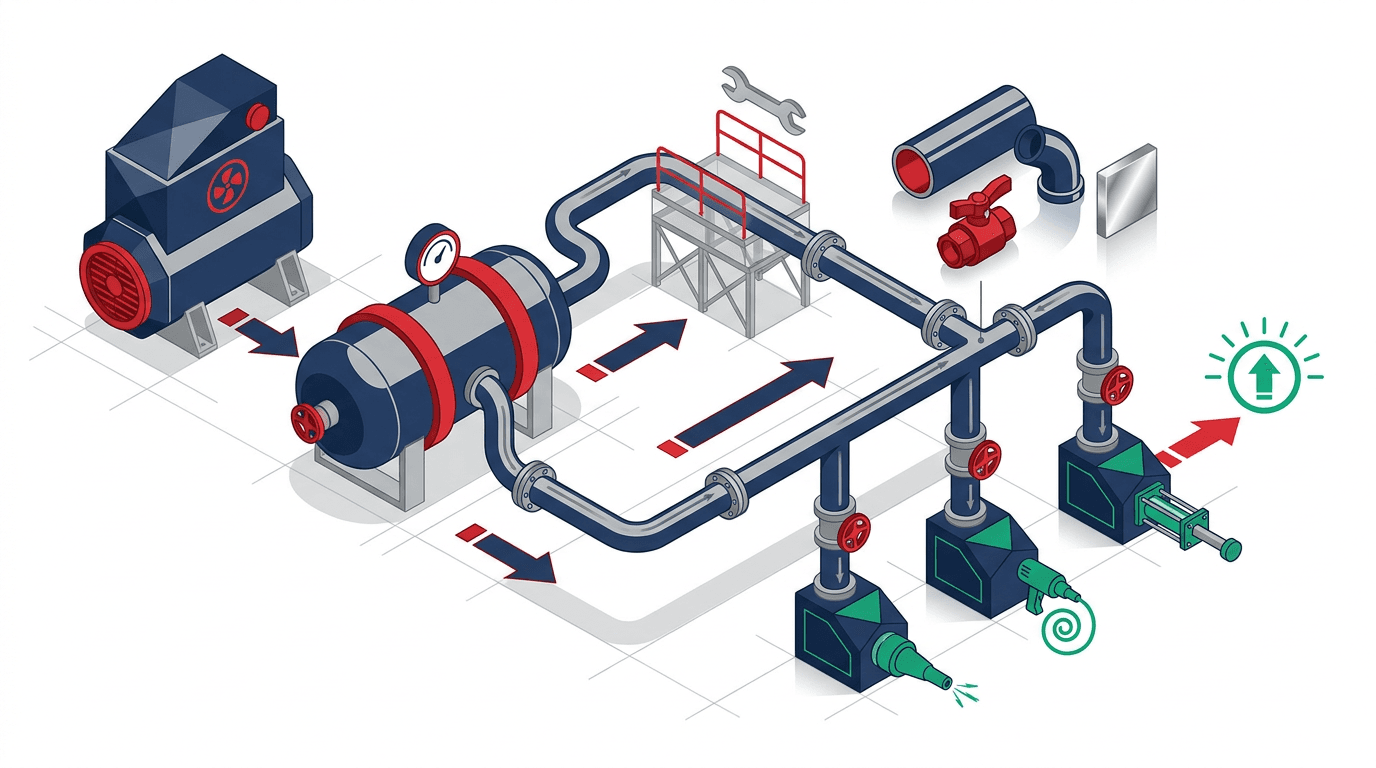 Workflow Infographic ขั้นตอนเริ่มงานระบบลมอัดโรงงาน