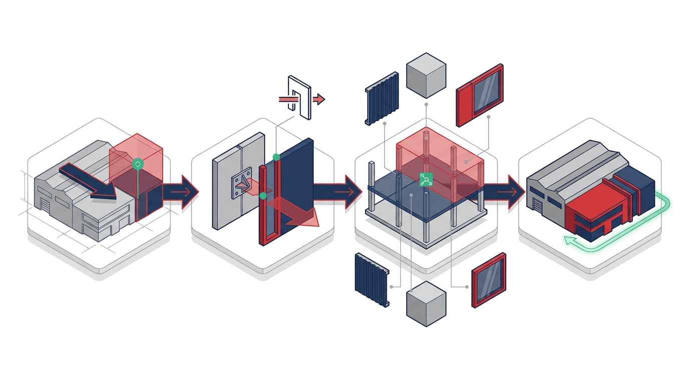 Workflow Infographic ขั้นตอนเริ่มงานต่อเติมและปรับปรุงโรงงาน